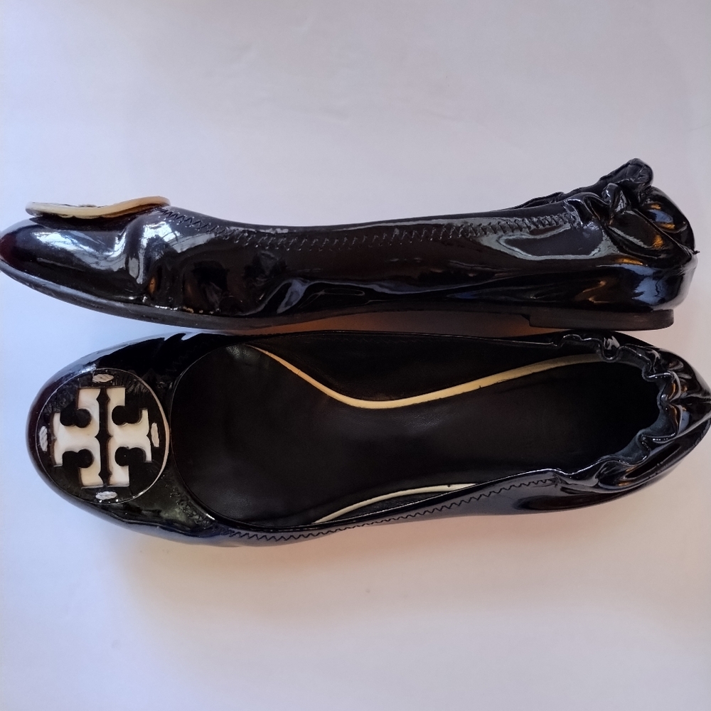 Tory Burch Reva Ballet Slip-On Flats Black Contrast Patent Leather Size 8 - Picture 9 of 16